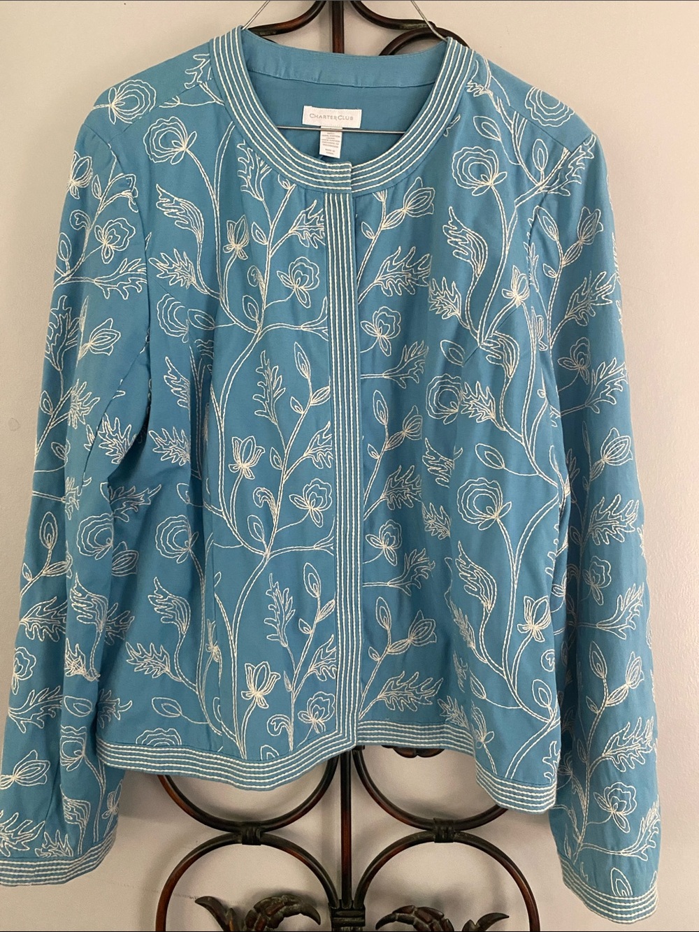 Charter Club Sky Blue Jacket with White Floral Embroidery